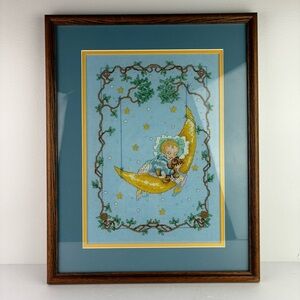 Cross-Stitch Vintage Child Moon Print Professionally Framed - Just Beautiful!